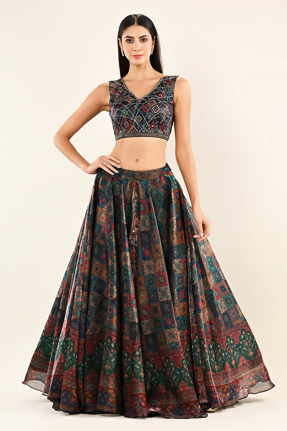 Bottle Green Color Lurex Organza Printed Lehenga - Image 4