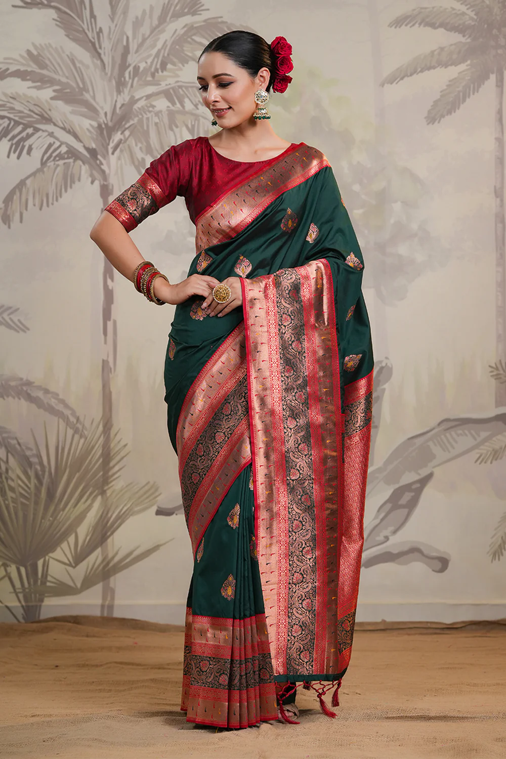Bottle Green Color Silk Woven Saree - Image 4