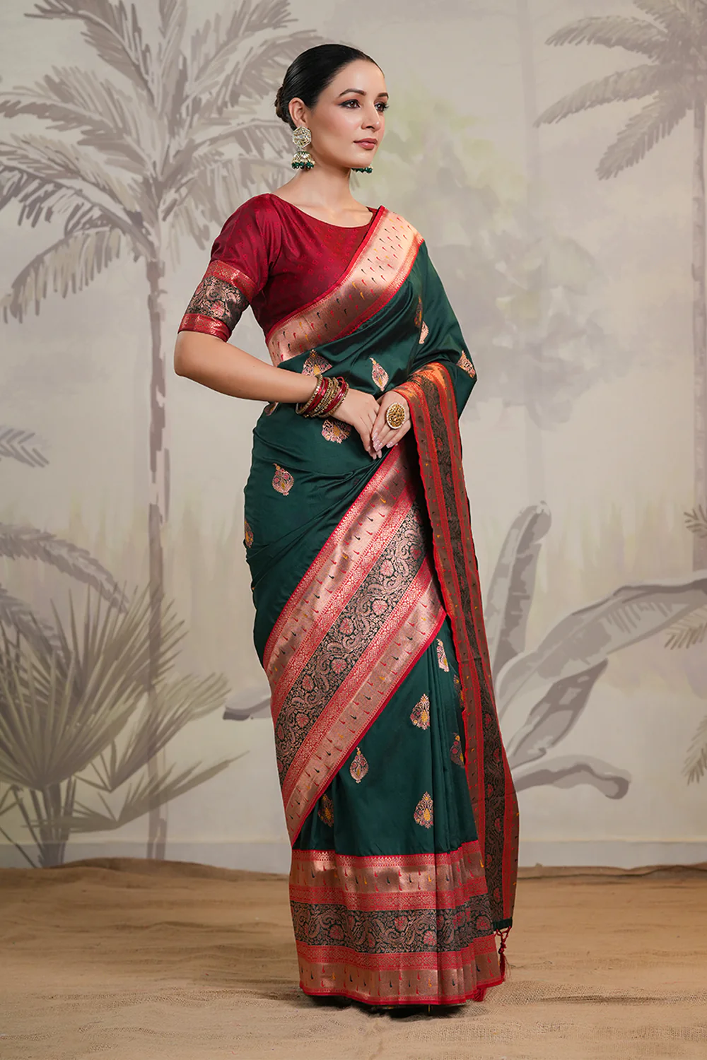 Bottle Green Color Silk Woven Saree - Image 5