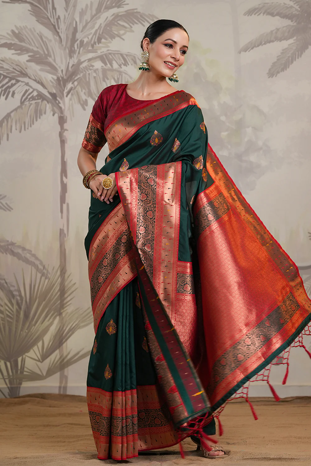 Bottle Green Color Silk Woven Saree - Image 6