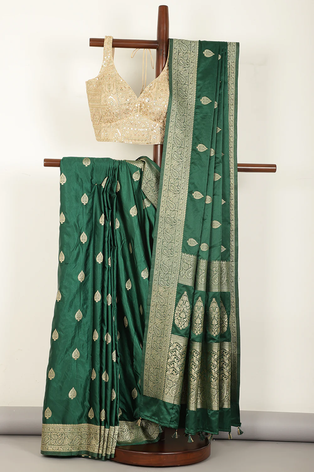 Bottle Green Color South Silk Zari Woven Saree - Image 4