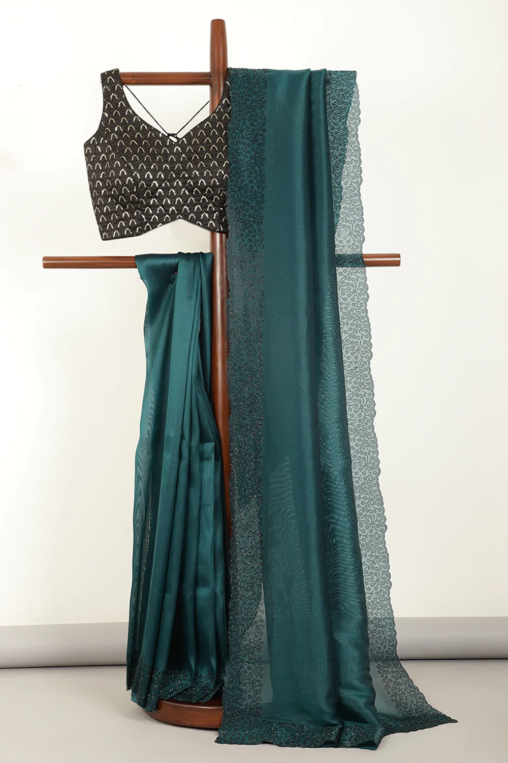 Bottle Green Color Tissue Silk Saree with Swarovski Border - Image 2