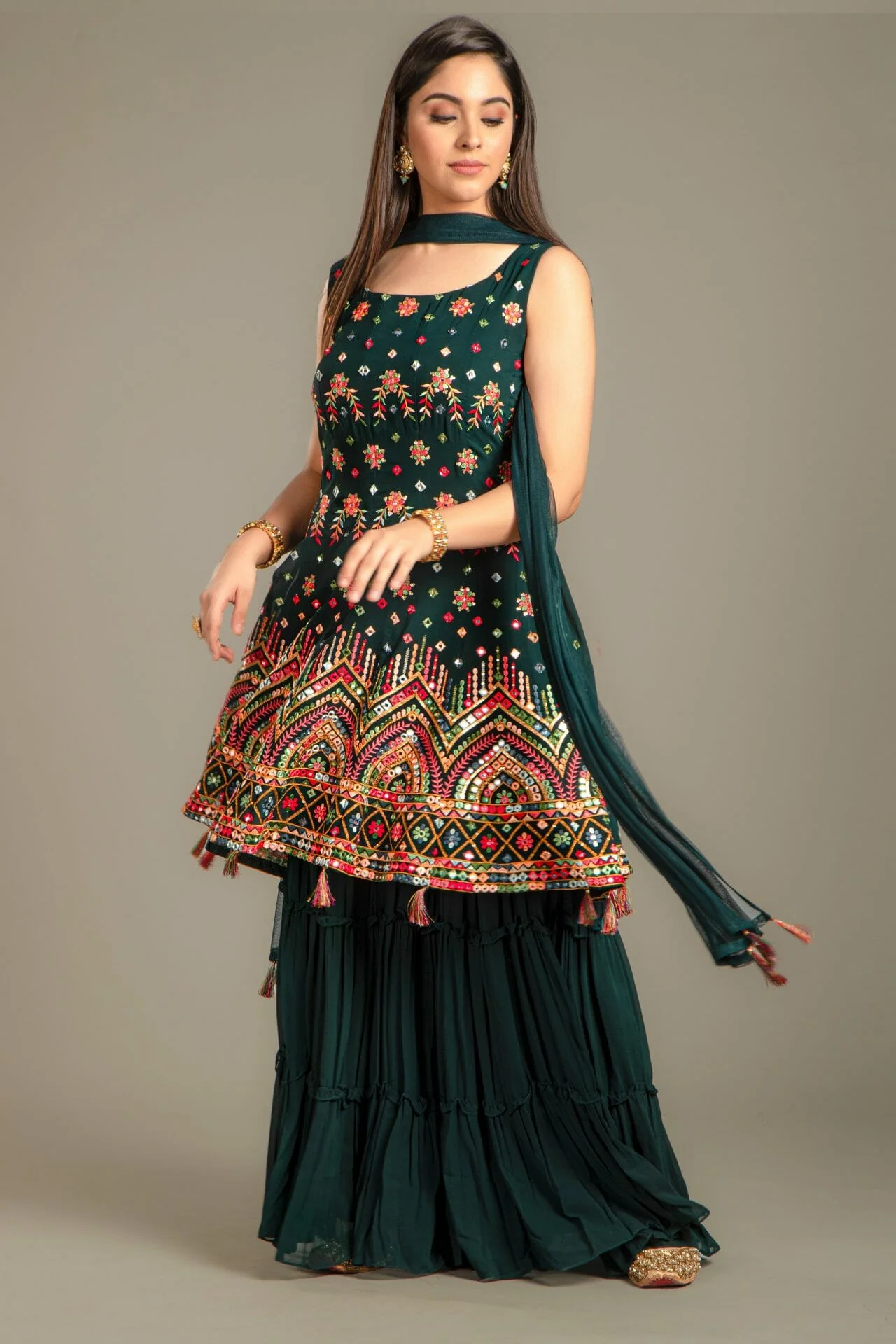 Bottle Green Georgette Peplum Gharara Suit. - Image 2