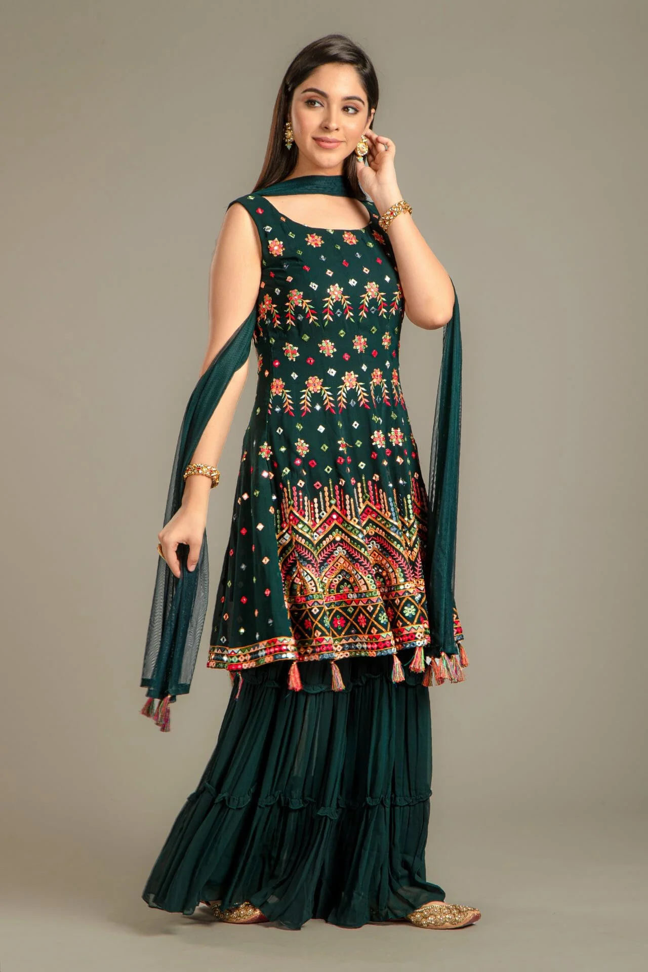 Bottle Green Georgette Peplum Gharara Suit. - Image 3