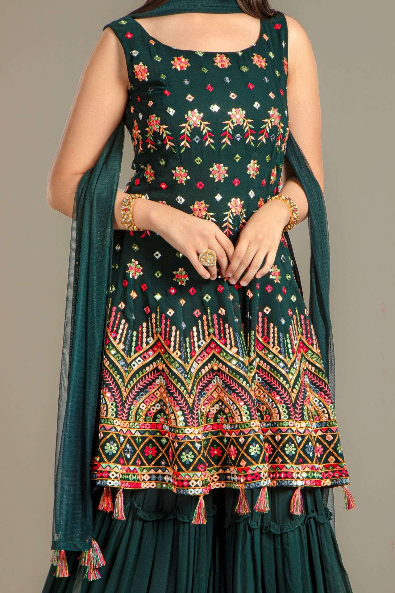 Bottle Green Georgette Peplum Gharara Suit. - Image 4