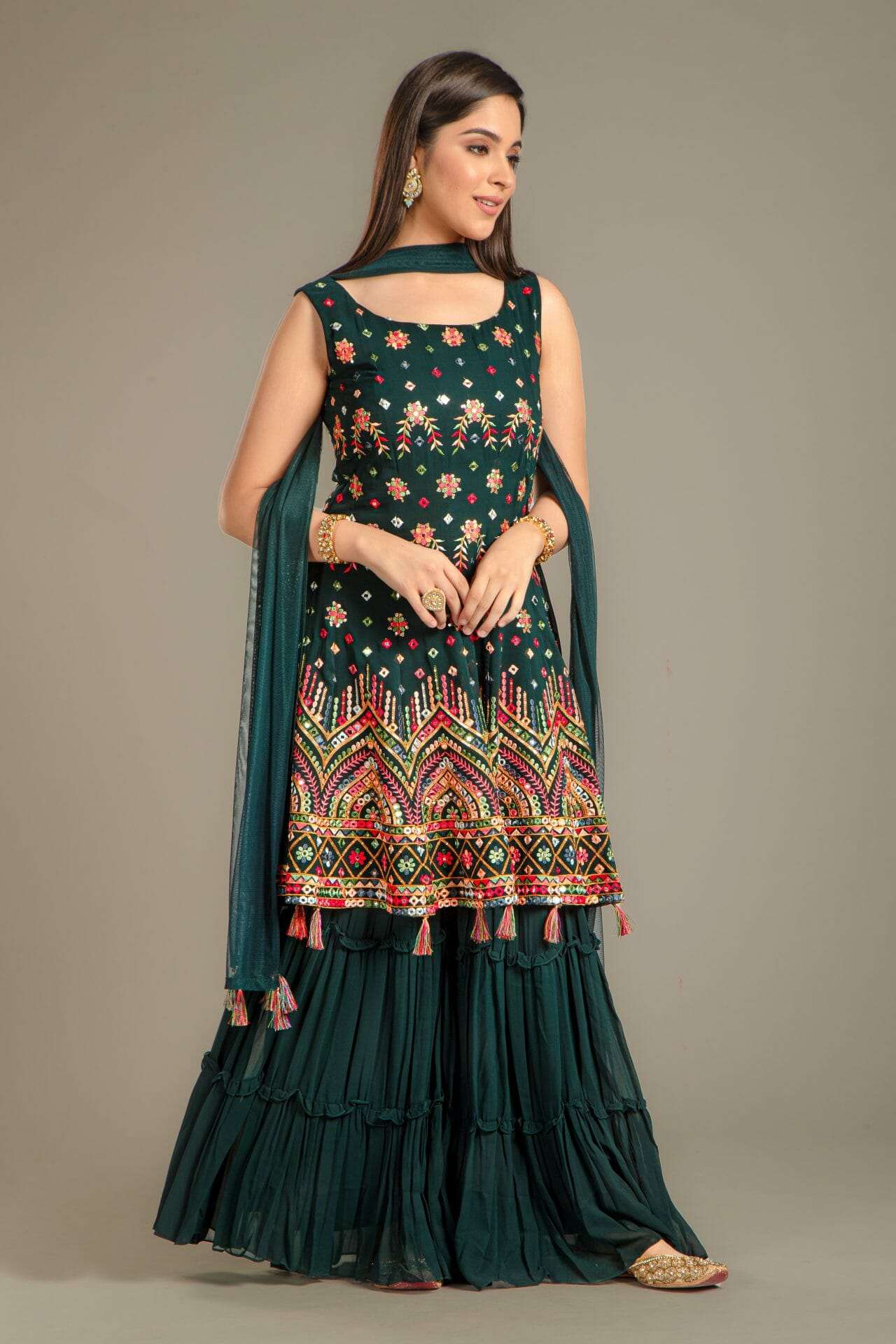 Bottle Green Georgette Peplum Gharara Suit. - Image 5
