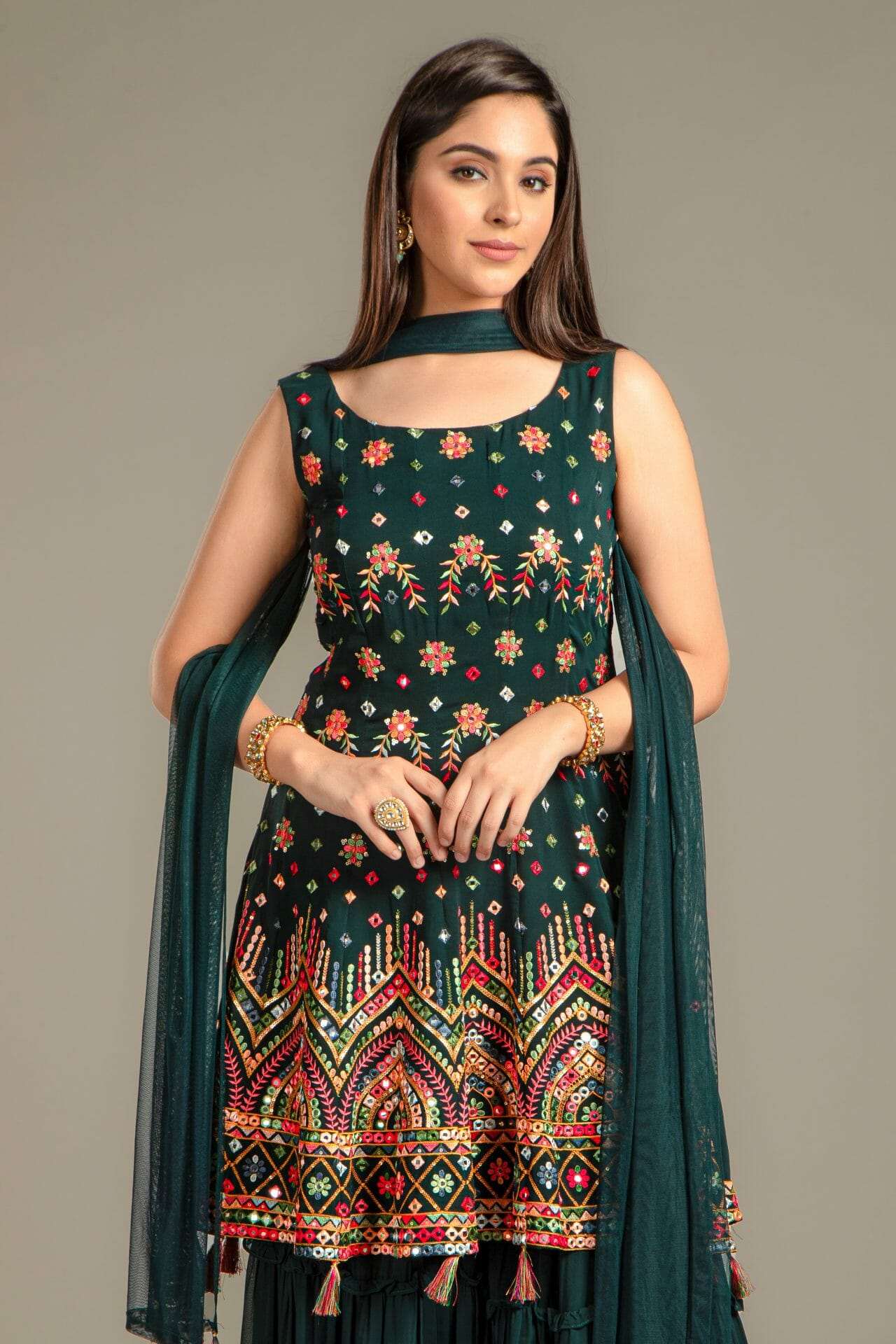 Bottle Green Georgette Peplum Gharara Suit. - Image 6