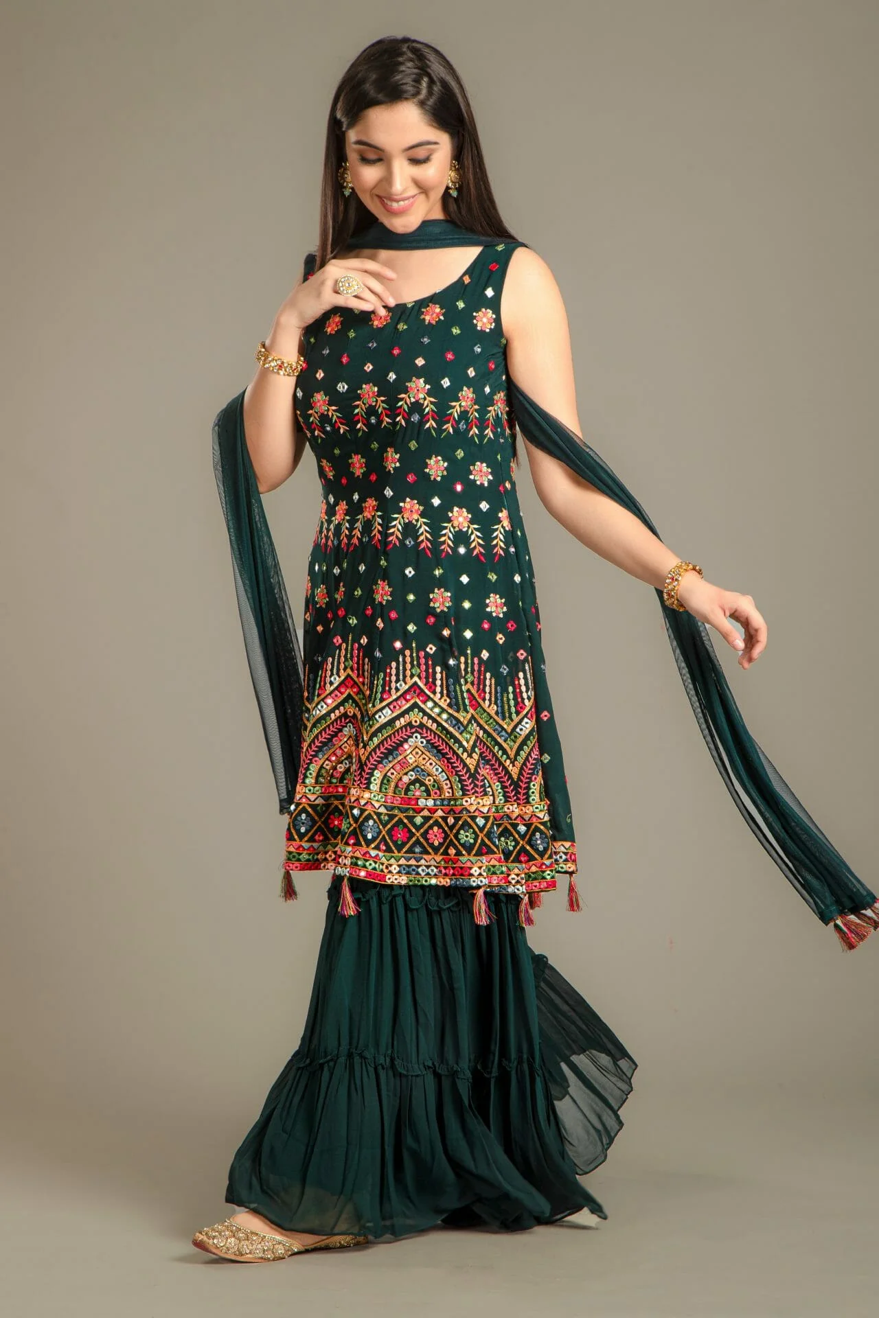 Bottle Green Georgette Peplum Gharara Suit. - Image 7