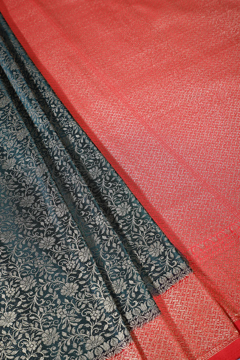 Bottle Green & Red Floral Zari Woven Sarees - Image 2