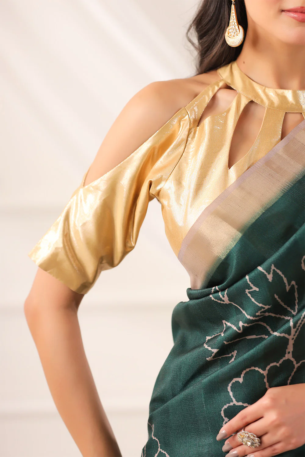Bottle Green Tussar Silk Floral Printed and Zari Woven Saree - Image 10