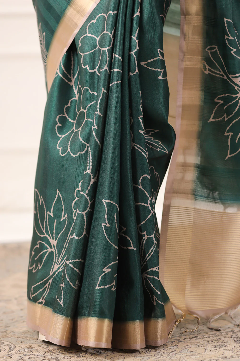 Bottle Green Tussar Silk Floral Printed and Zari Woven Saree - Image 12