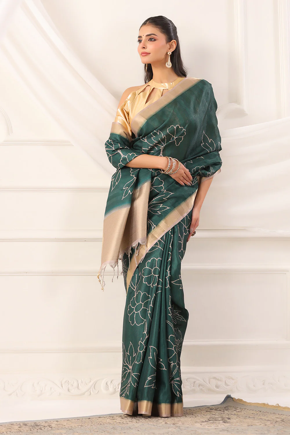 Bottle Green Tussar Silk Floral Printed and Zari Woven Saree - Image 2