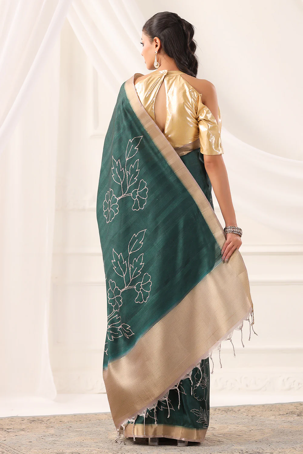 Bottle Green Tussar Silk Floral Printed and Zari Woven Saree - Image 3
