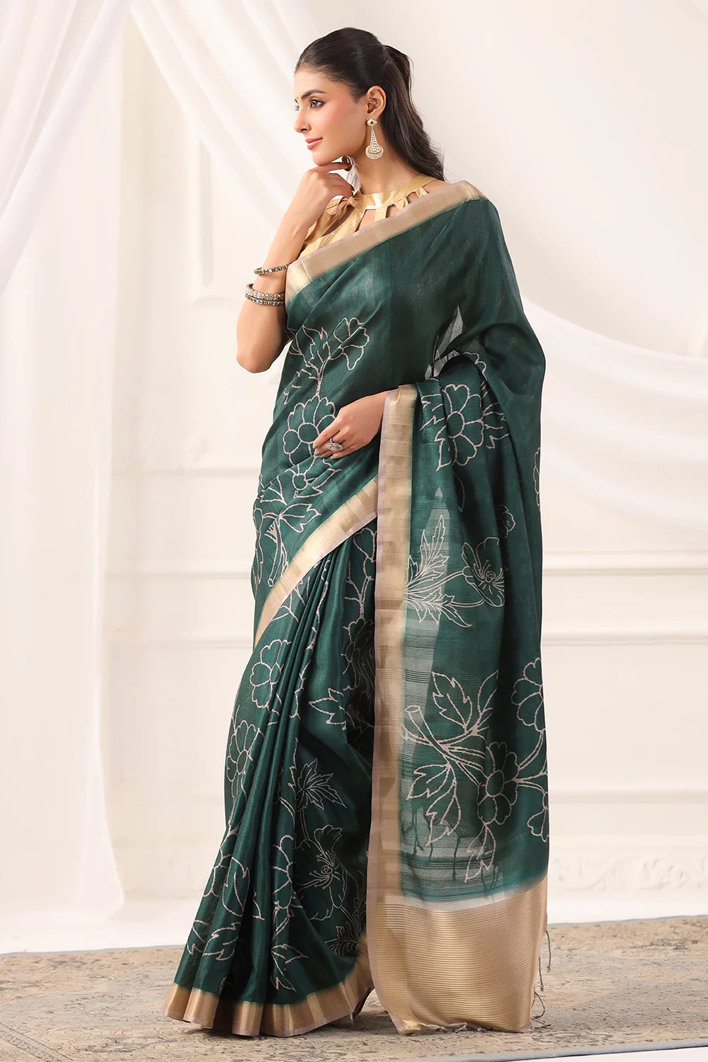 Bottle Green Tussar Silk Floral Printed and Zari Woven Saree - Image 4