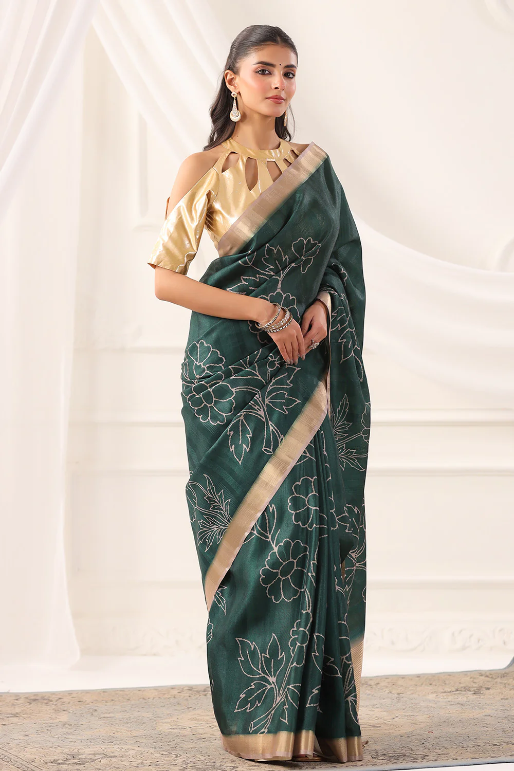Bottle Green Tussar Silk Floral Printed and Zari Woven Saree - Image 5
