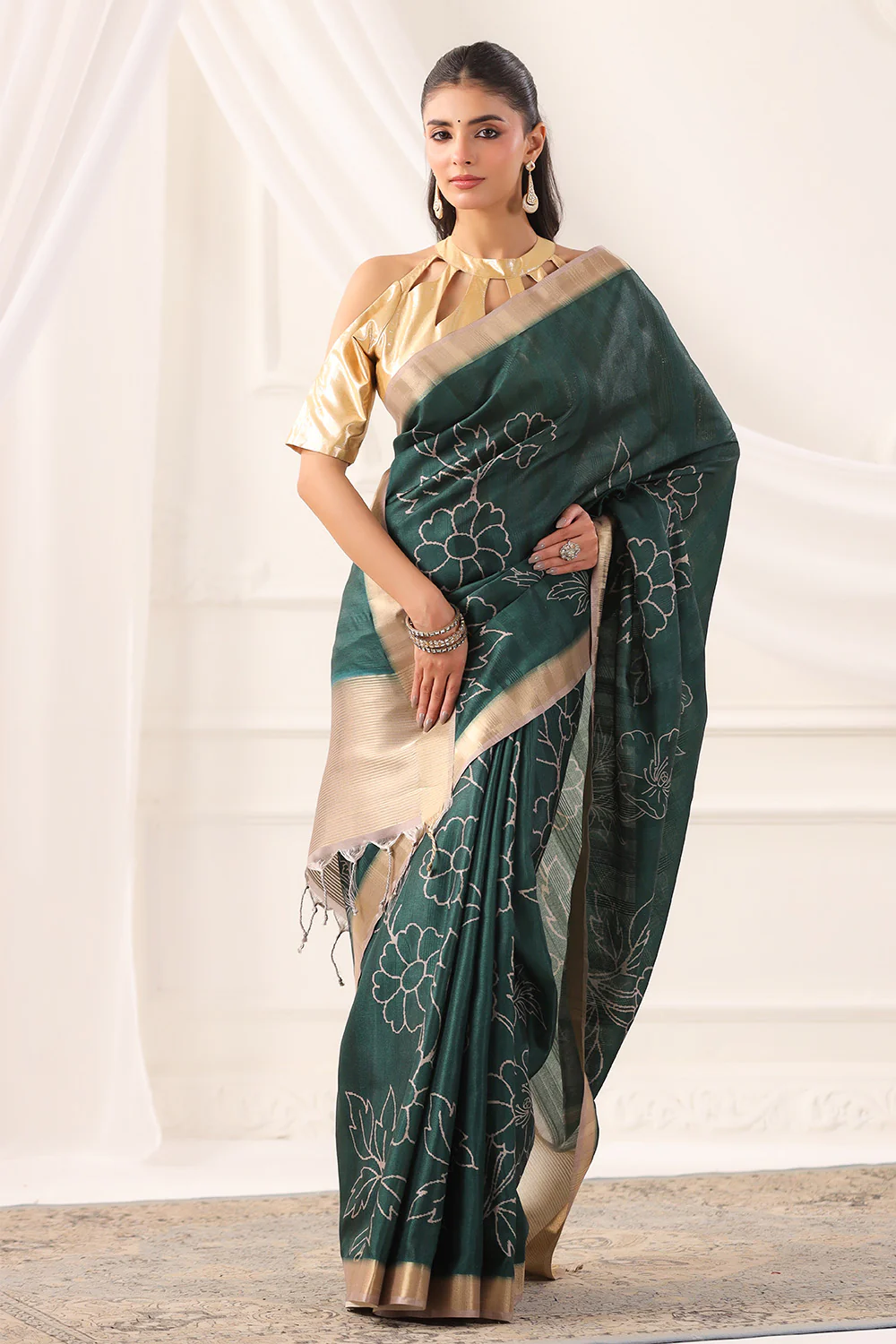 Bottle Green Tussar Silk Floral Printed and Zari Woven Saree - Image 6