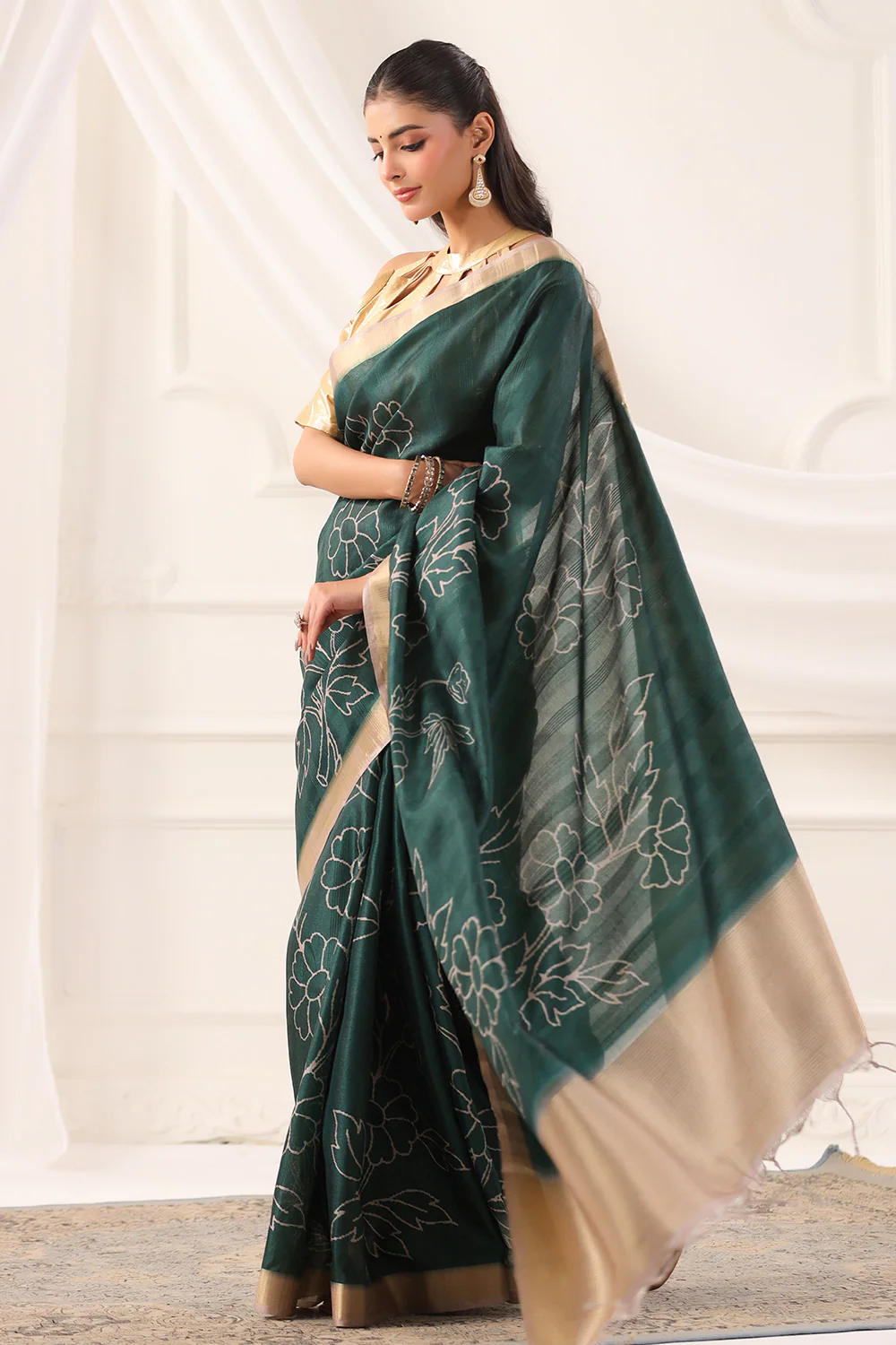 Bottle Green Tussar Silk Floral Printed and Zari Woven Saree - Image 7