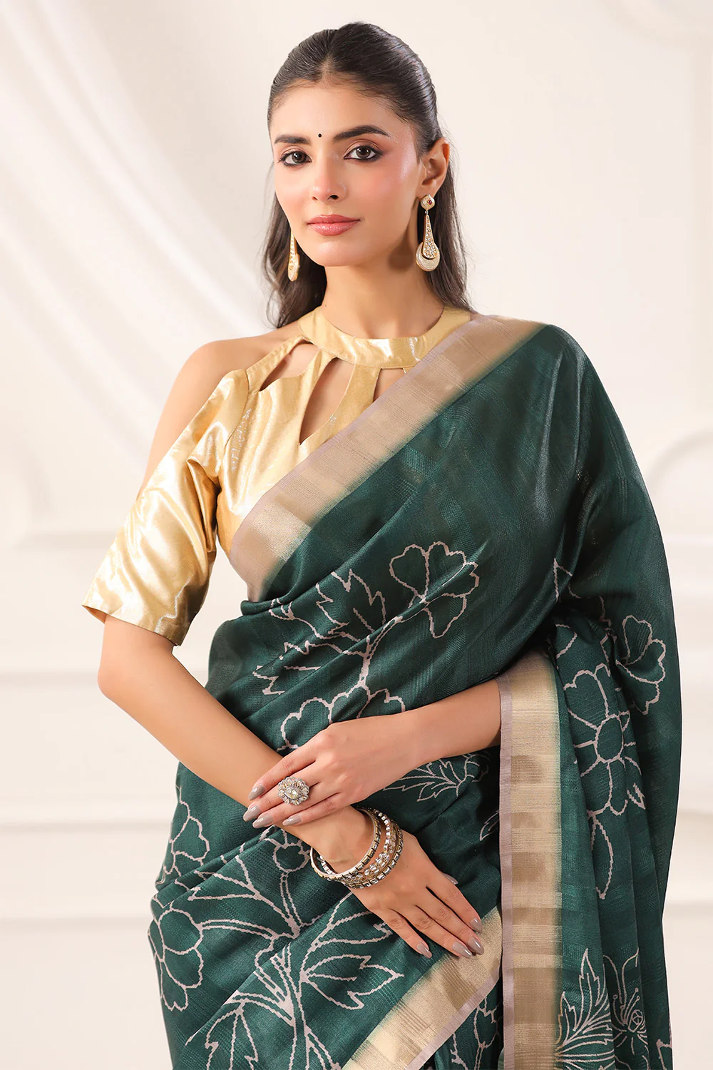 Bottle Green Tussar Silk Floral Printed and Zari Woven Saree - Image 8