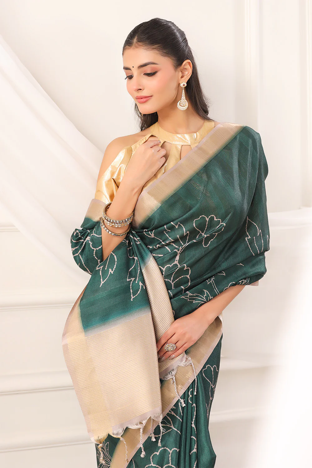 Bottle Green Tussar Silk Floral Printed and Zari Woven Saree - Image 9