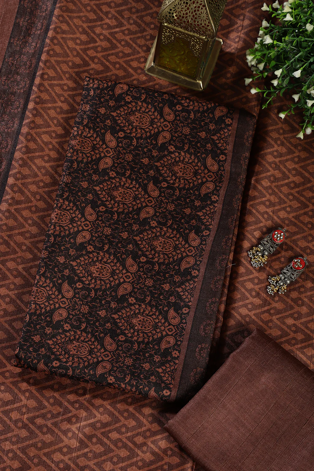 Brown And Black Digital Printed Chanderi Cotton Unstiched Suit Material - Image 3