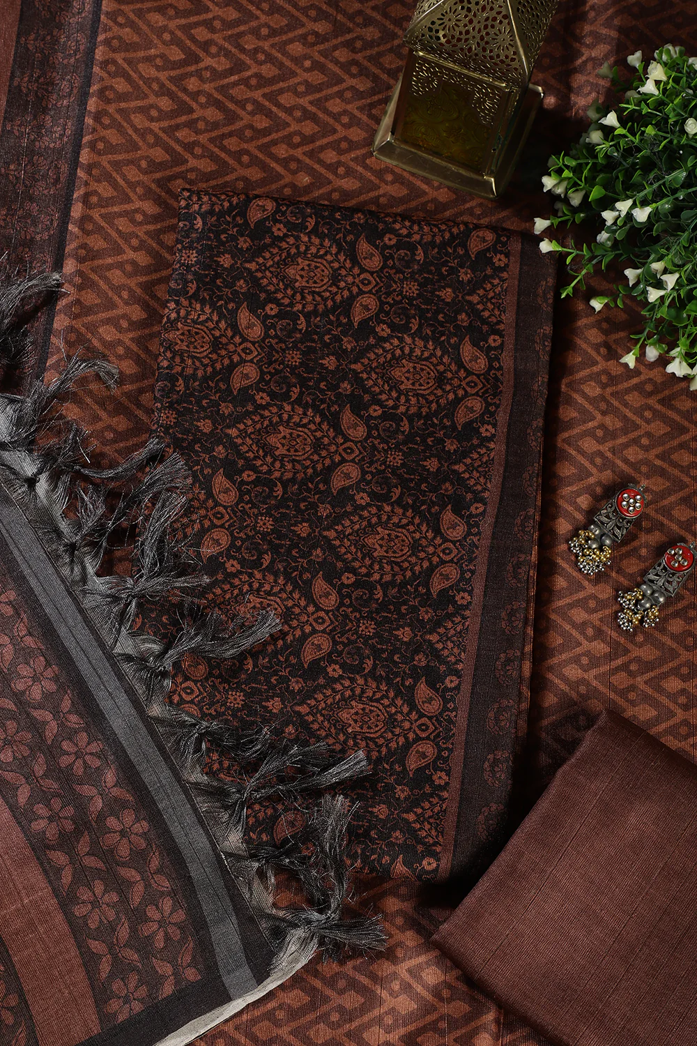 Brown And Black Digital Printed Chanderi Cotton Unstiched Suit Material - Image 4