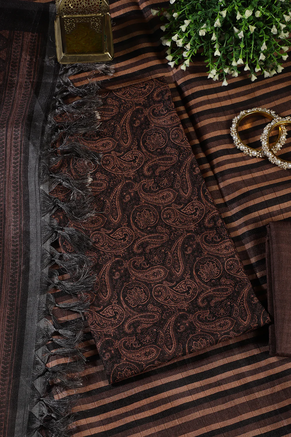 Brown & Black Digital Printed Chanderi Cotton Unstiched Suit Material - Image 3