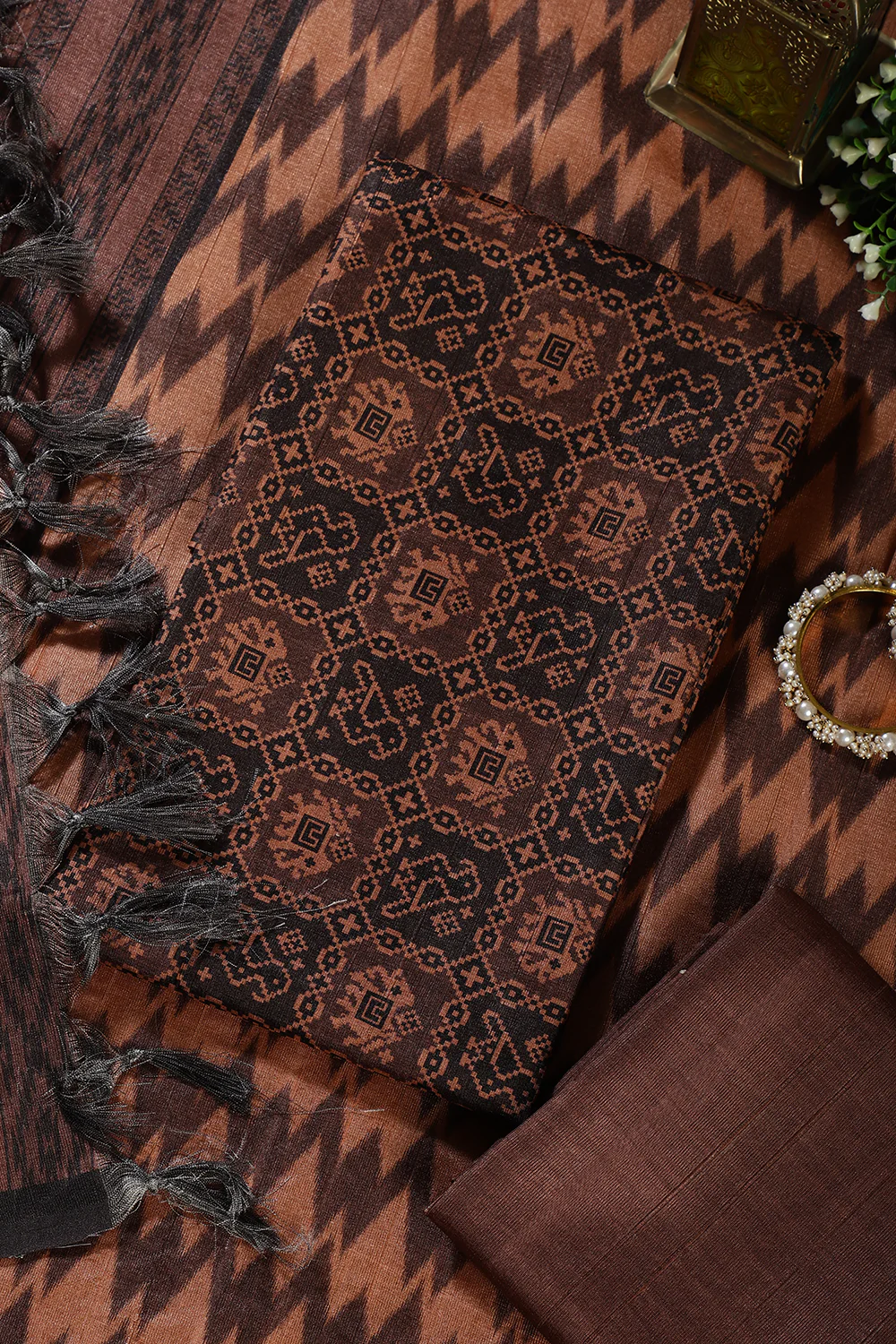 Brown Chanderi Cotton Digital Printed Unstiched Suit Material - Image 2
