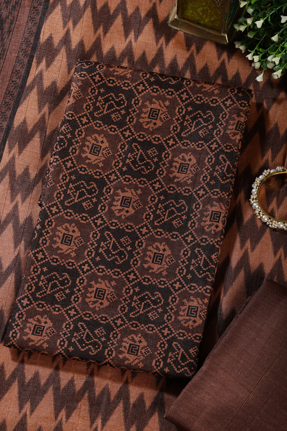 Brown Chanderi Cotton Digital Printed Unstiched Suit Material - Image 4
