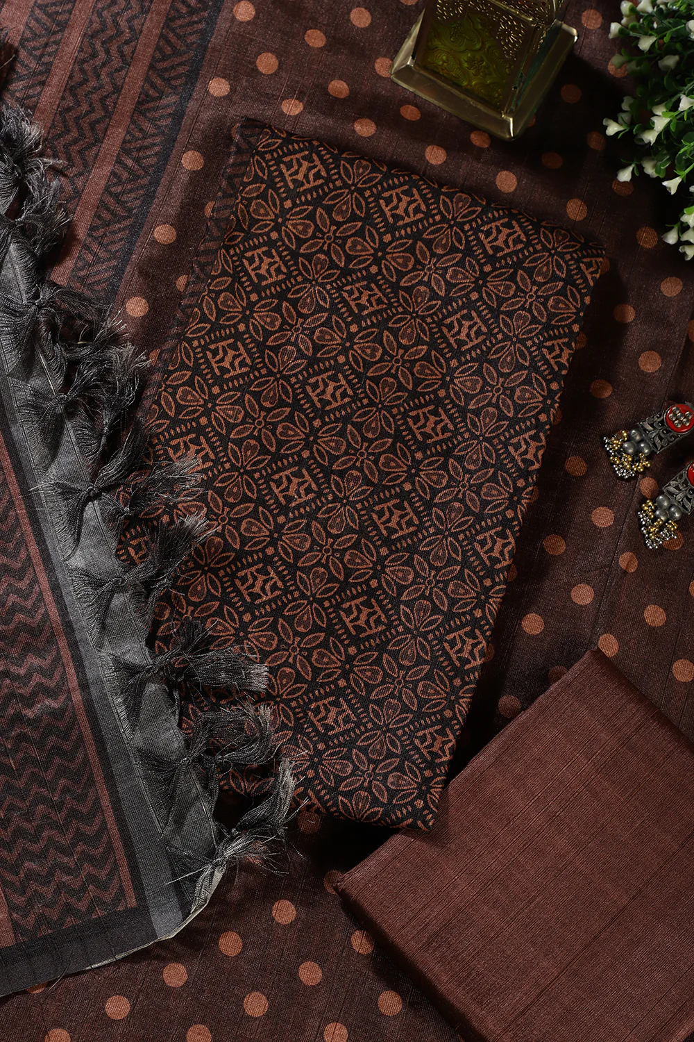 Brown Chanderi Cotton Printed Unstiched Suit Material - Image 2
