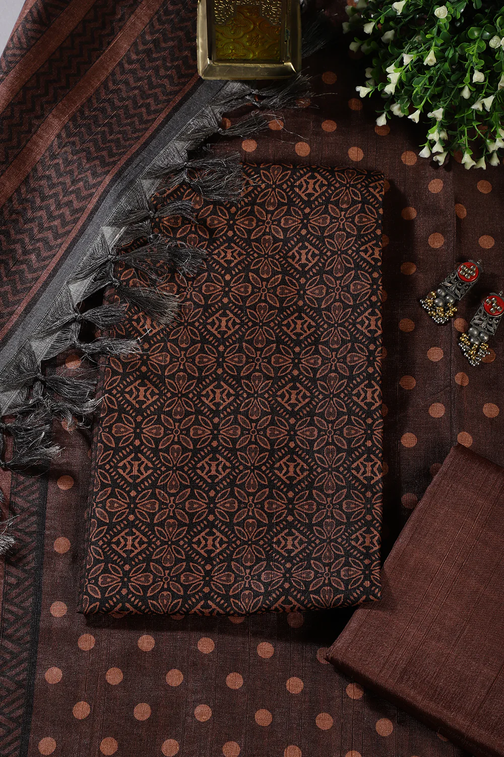 Brown Chanderi Cotton Printed Unstiched Suit Material - Image 3