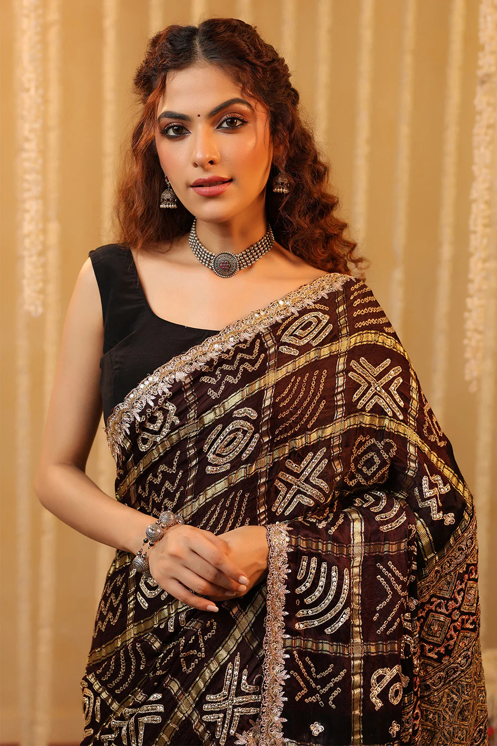 Brown Color Gharchola Pure Gajji Silk Printed And Embroidered Saree - Image 3