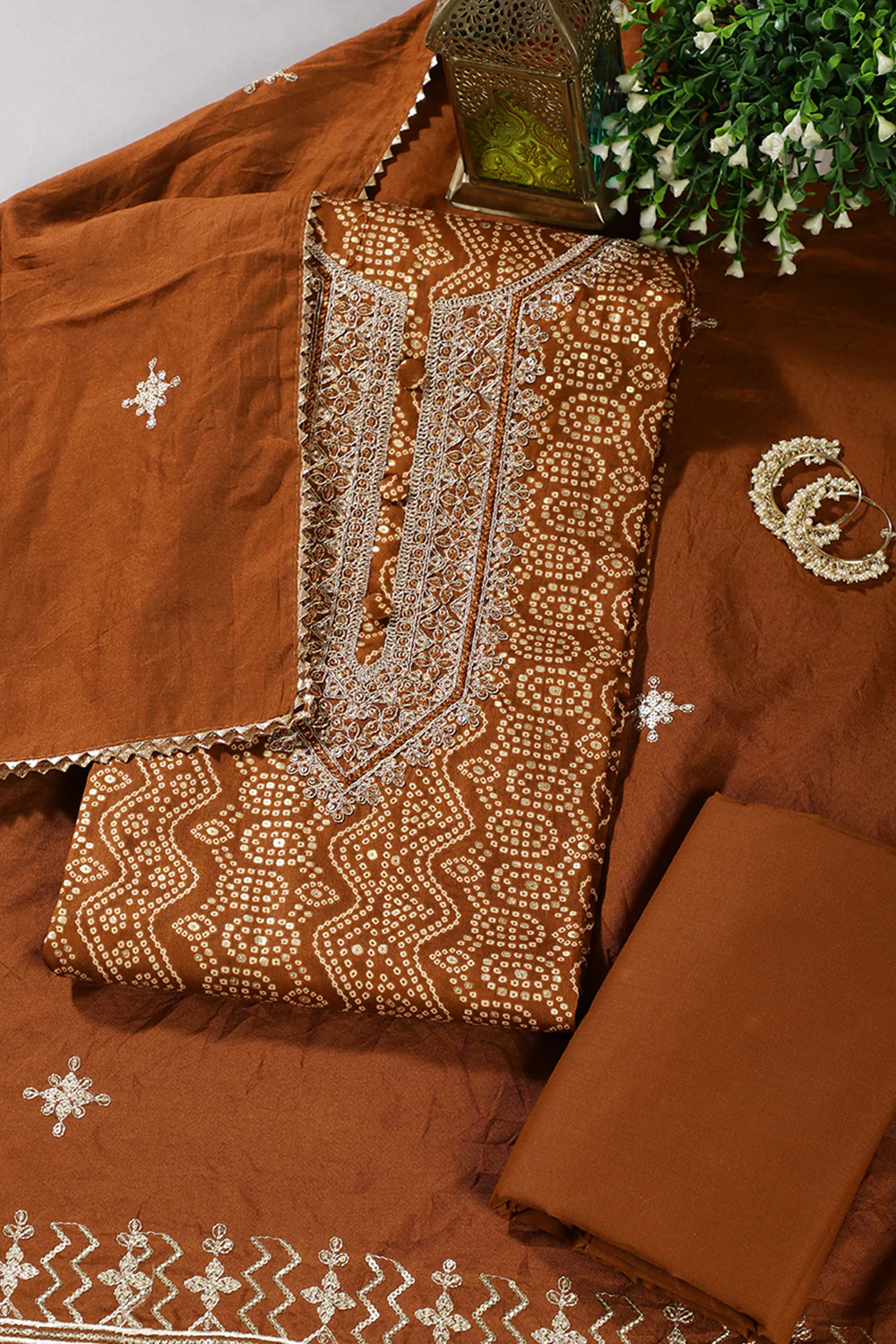 Brown Cotton Bandhani Printed & Neck Embroidered Unstitched Suit - Image 2