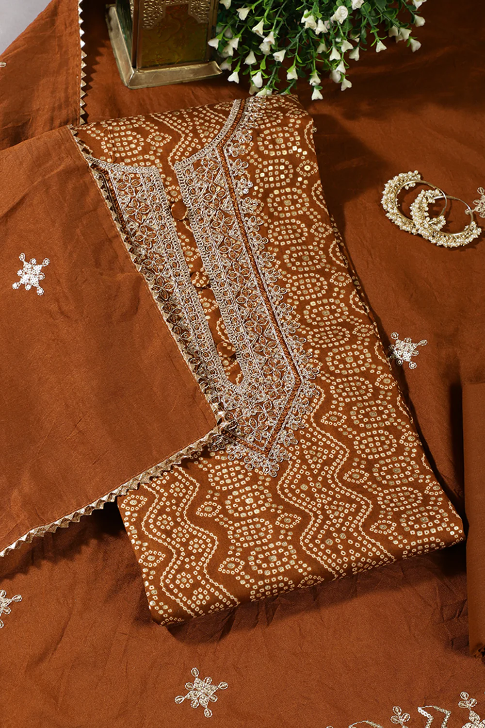 Brown Cotton Bandhani Printed & Neck Embroidered Unstitched Suit - Image 3
