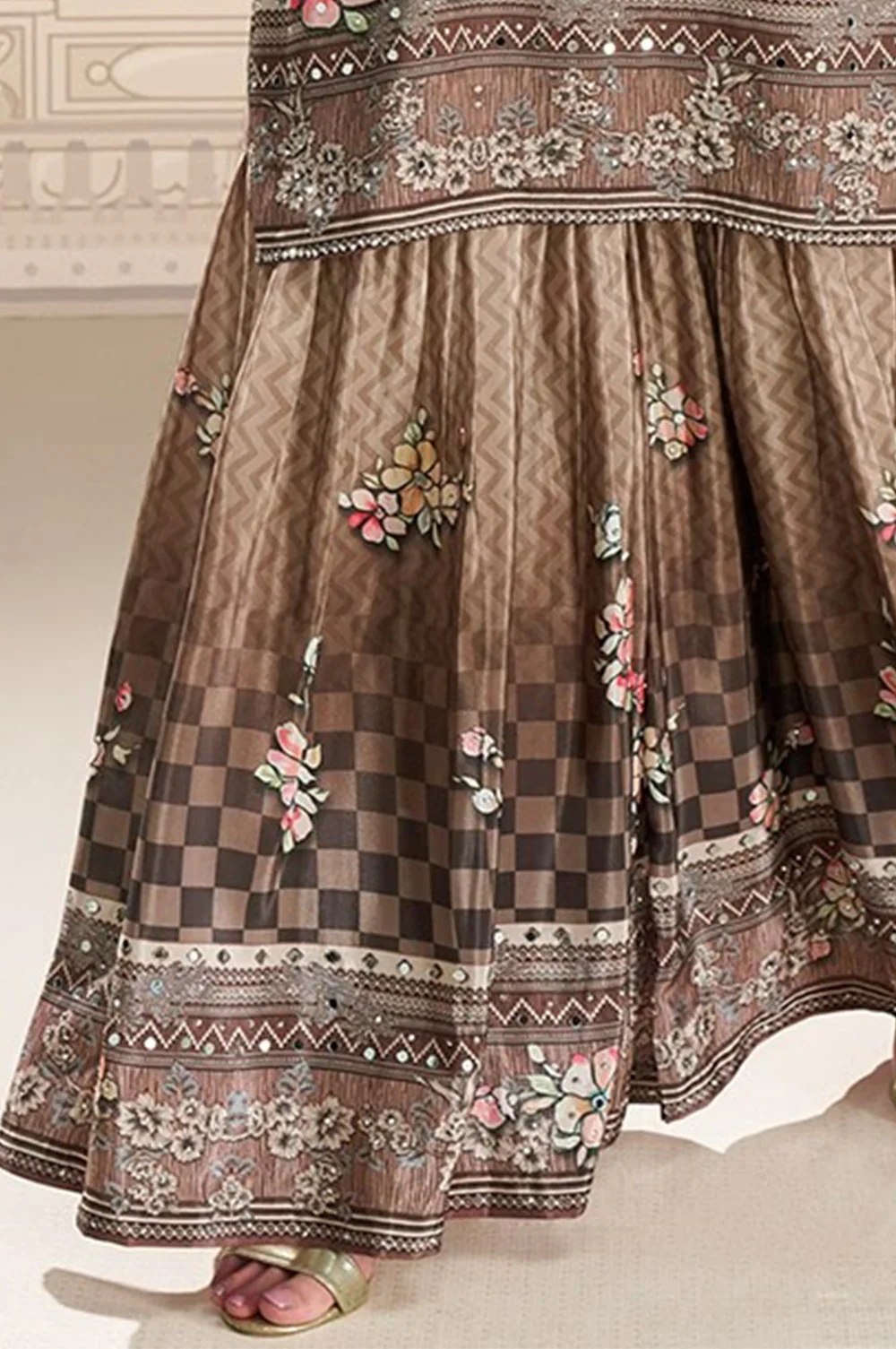 Brown Crepe Silk Mirror And Swarovski Embroidered Printed Suit With Gharara - Image 2
