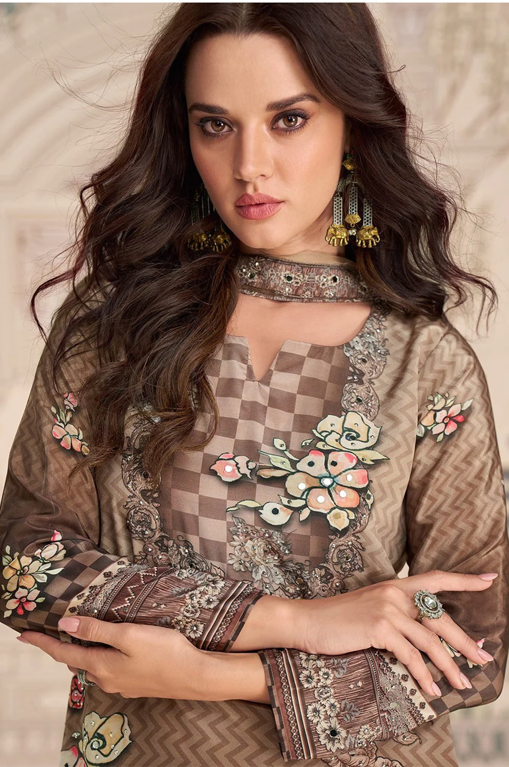 Brown Crepe Silk Mirror And Swarovski Embroidered Printed Suit With Gharara - Image 3