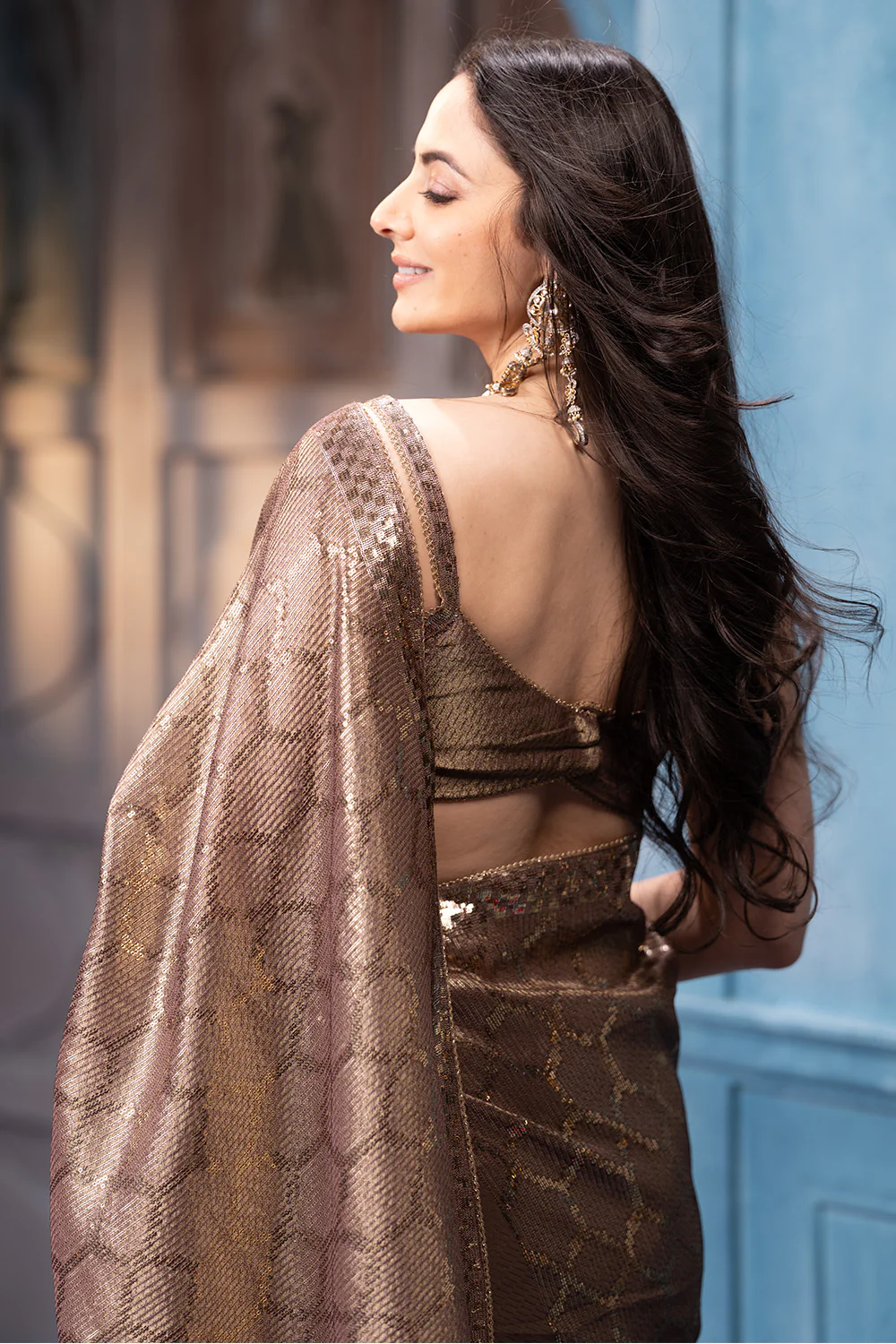 Brown Pure Metallic Tissue Sequins Embroidered Saree - Image 11