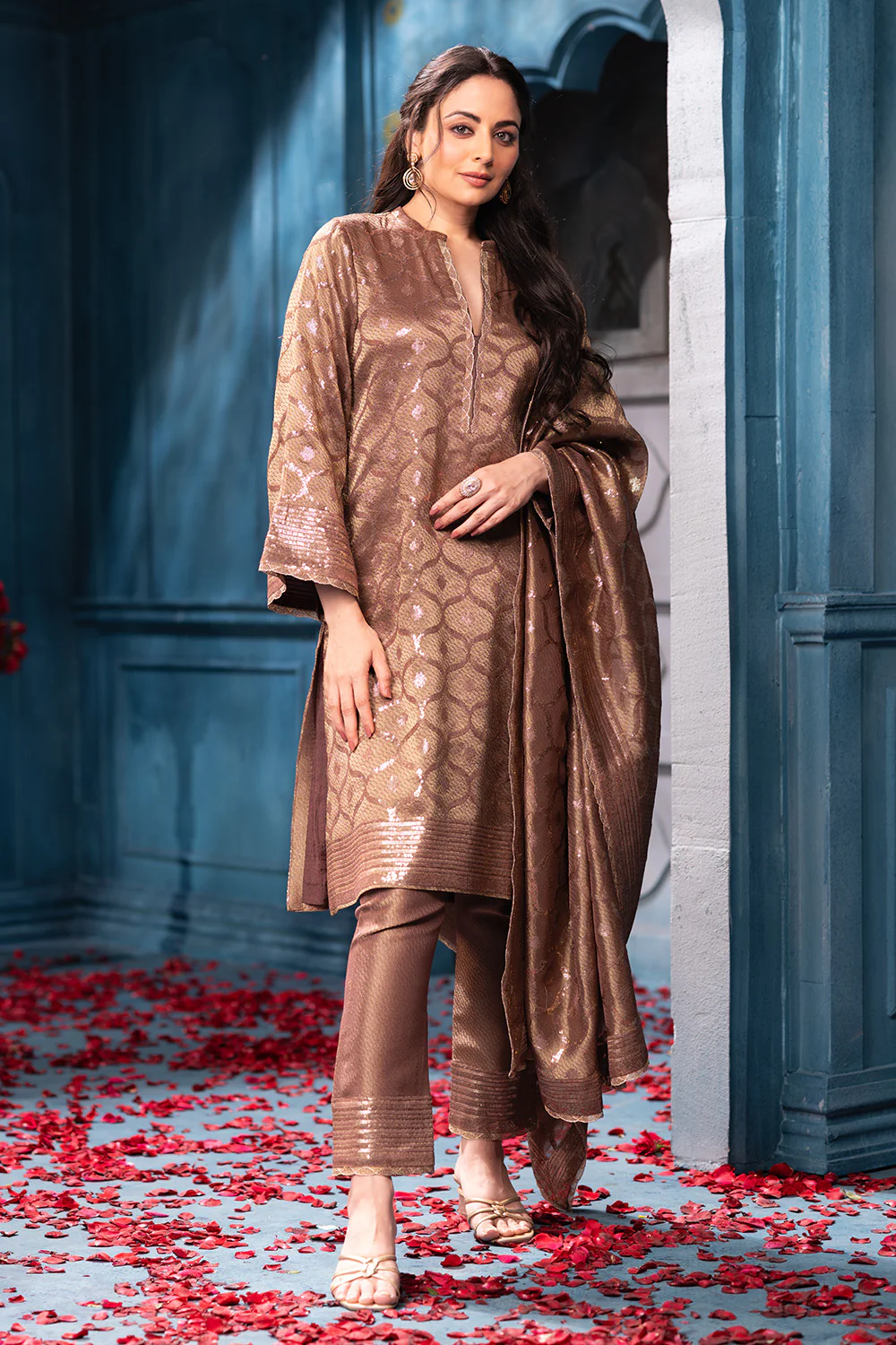 Brown Pure Metallic Tissue Sequins Embroidered Suit - Image 2