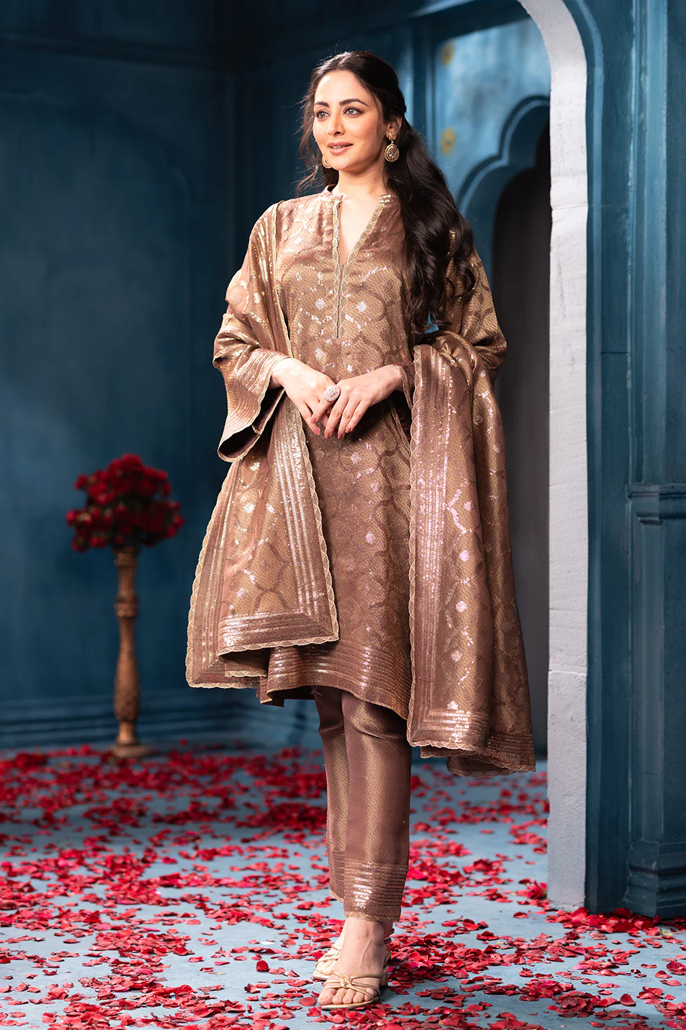 Brown Pure Metallic Tissue Sequins Embroidered Suit - Image 4