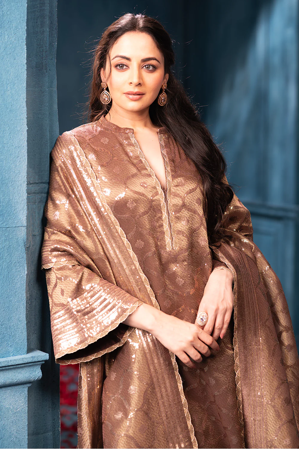 Brown Pure Metallic Tissue Sequins Embroidered Suit - Image 5