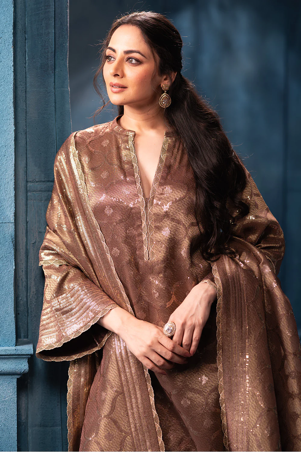 Brown Pure Metallic Tissue Sequins Embroidered Suit - Image 6