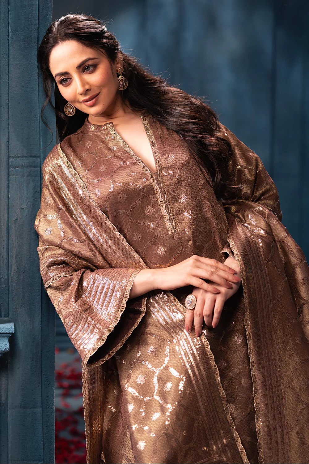 Brown Pure Metallic Tissue Sequins Embroidered Suit - Image 8
