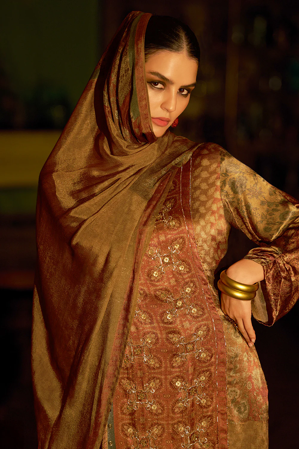 Brown Spun Printed Unstitched Suit Material - Image 3