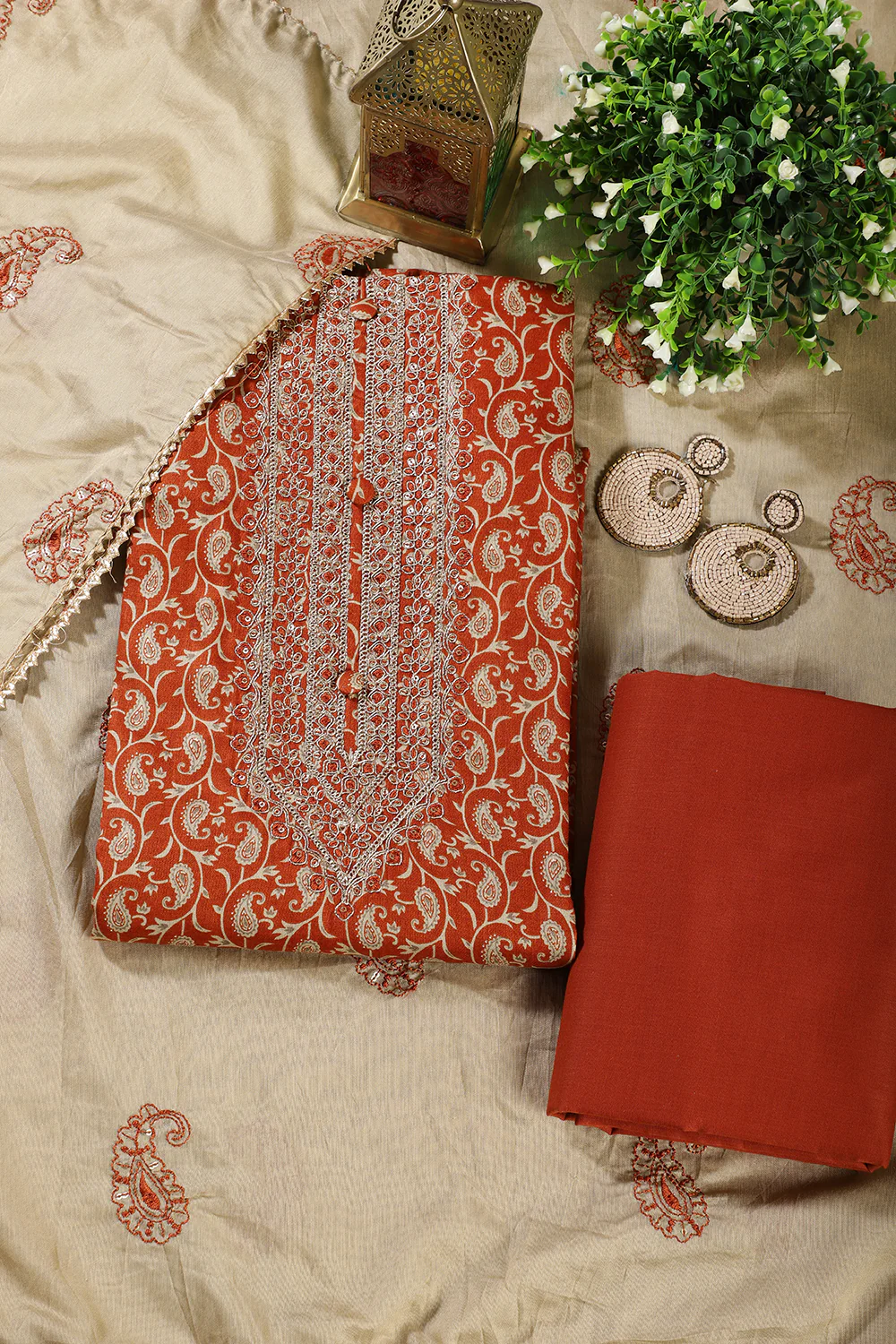 Burnt Orange Cotton Digital Buta-Printed & Neck Embroidered Unstitched Suit - Image 2