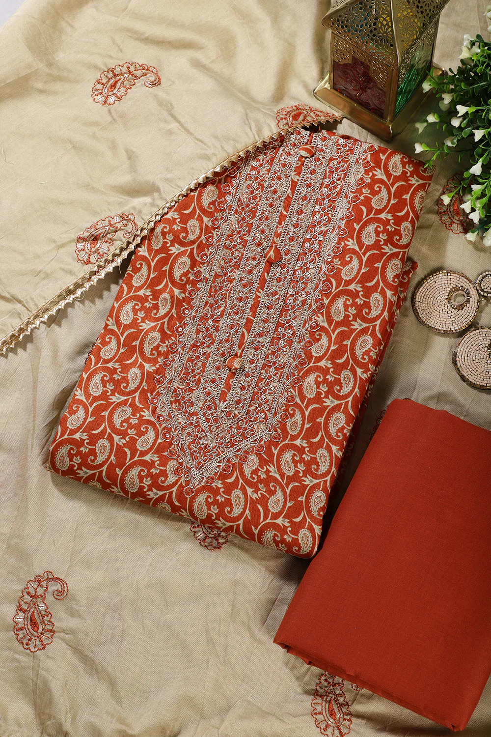Burnt Orange Cotton Digital Buta-Printed & Neck Embroidered Unstitched Suit - Image 3