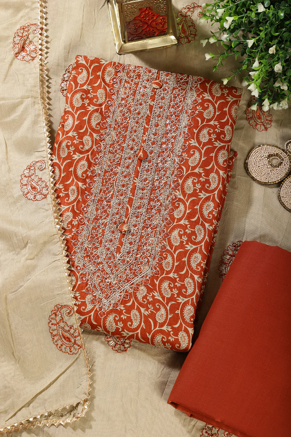 Burnt Orange Cotton Digital Buta-Printed & Neck Embroidered Unstitched Suit - Image 4