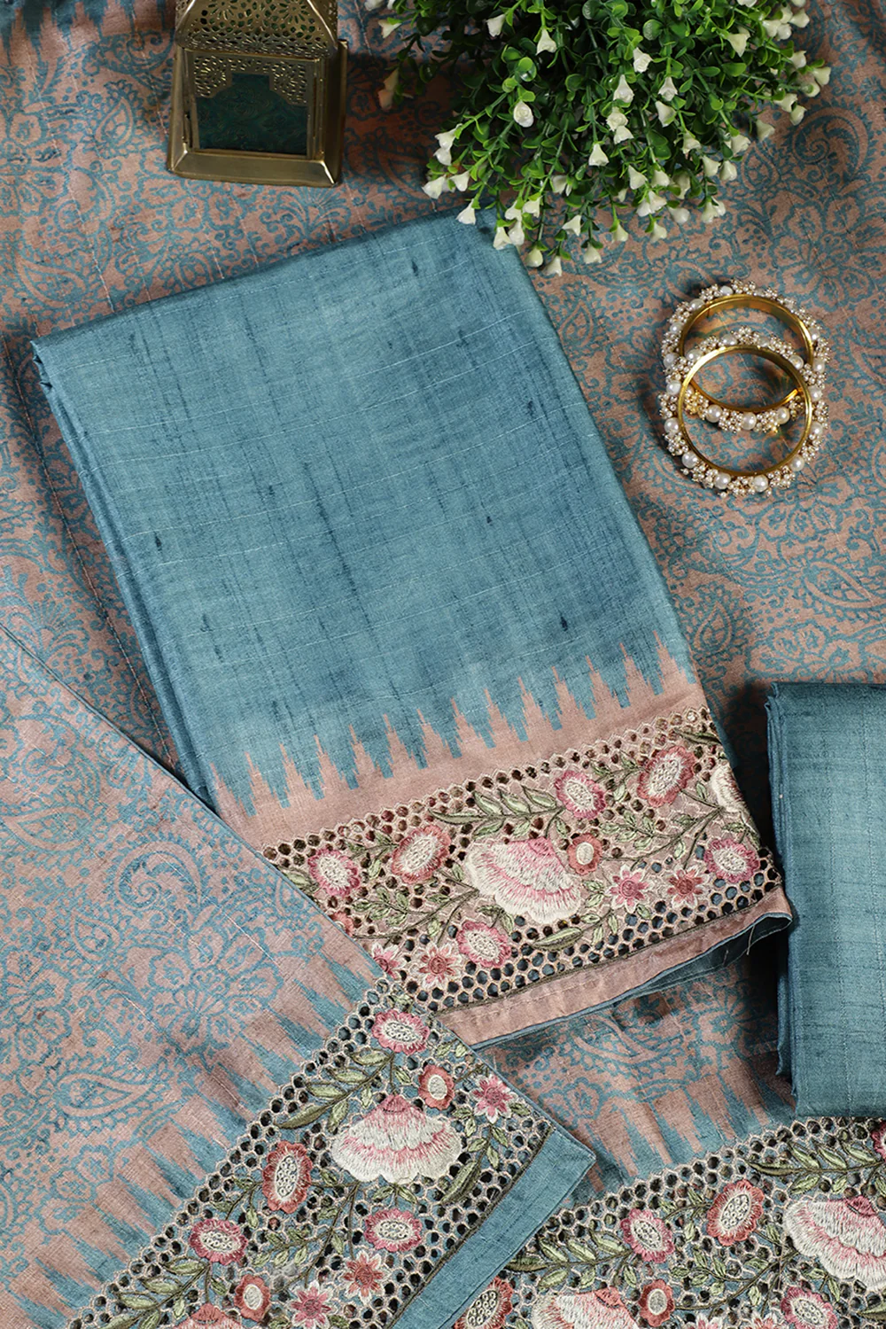 Cadet Blue Tussar Cotton Floral Lace Work Unstiched Suit Material - Image 2