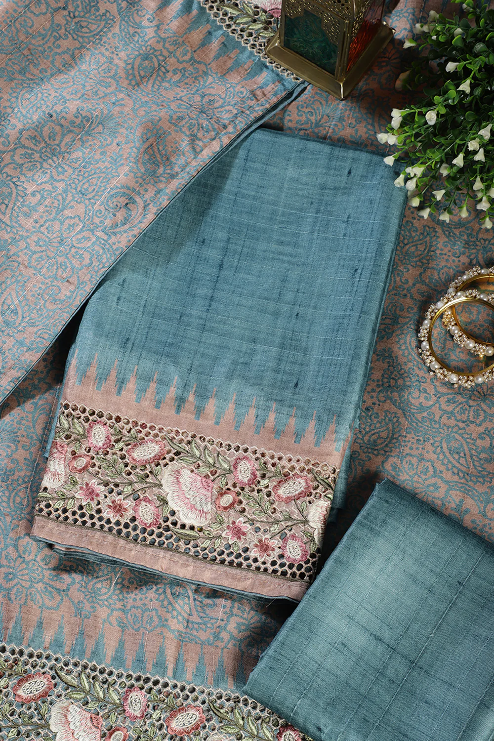 Cadet Blue Tussar Cotton Floral Lace Work Unstiched Suit Material - Image 3