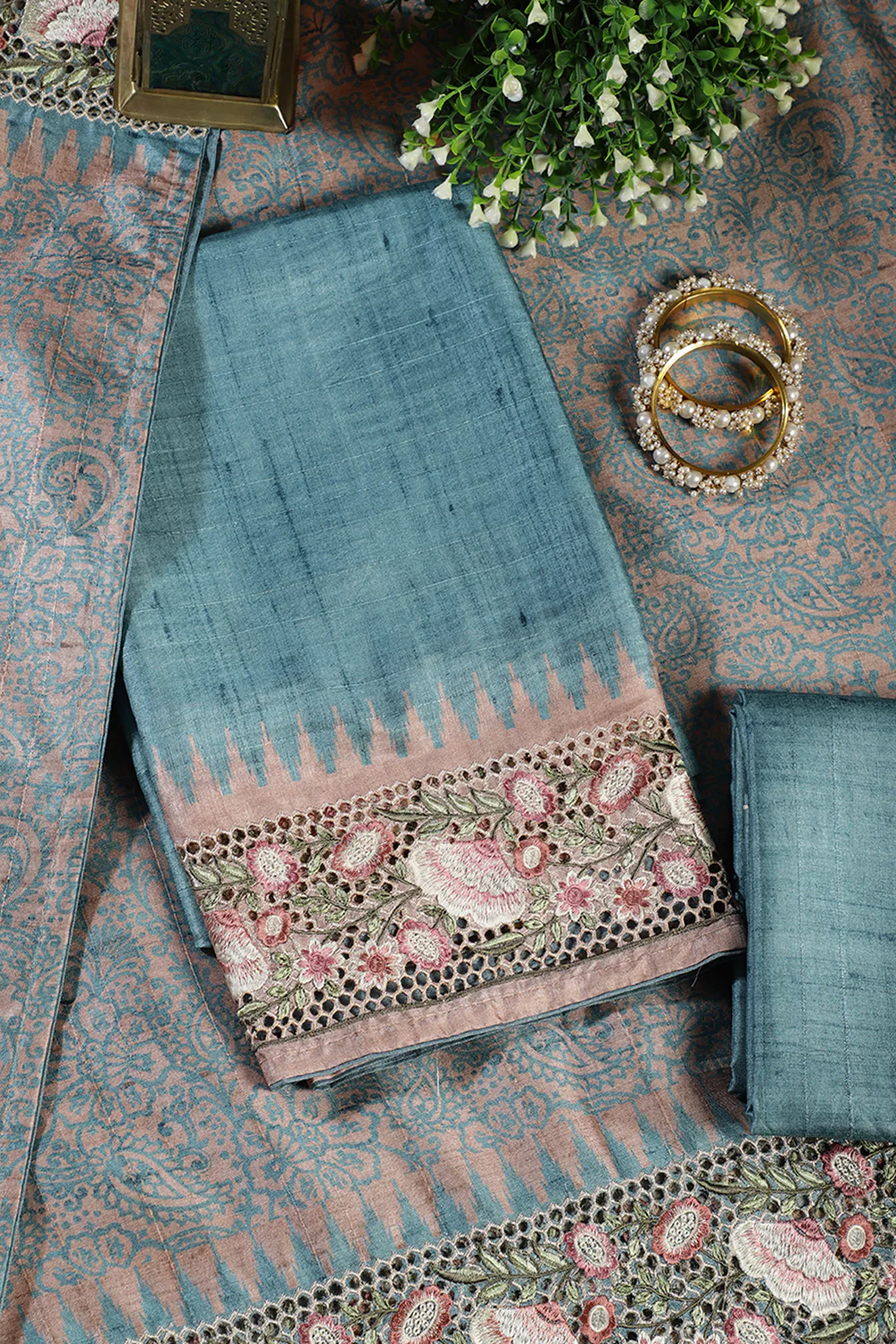Cadet Blue Tussar Cotton Floral Lace Work Unstiched Suit Material - Image 4