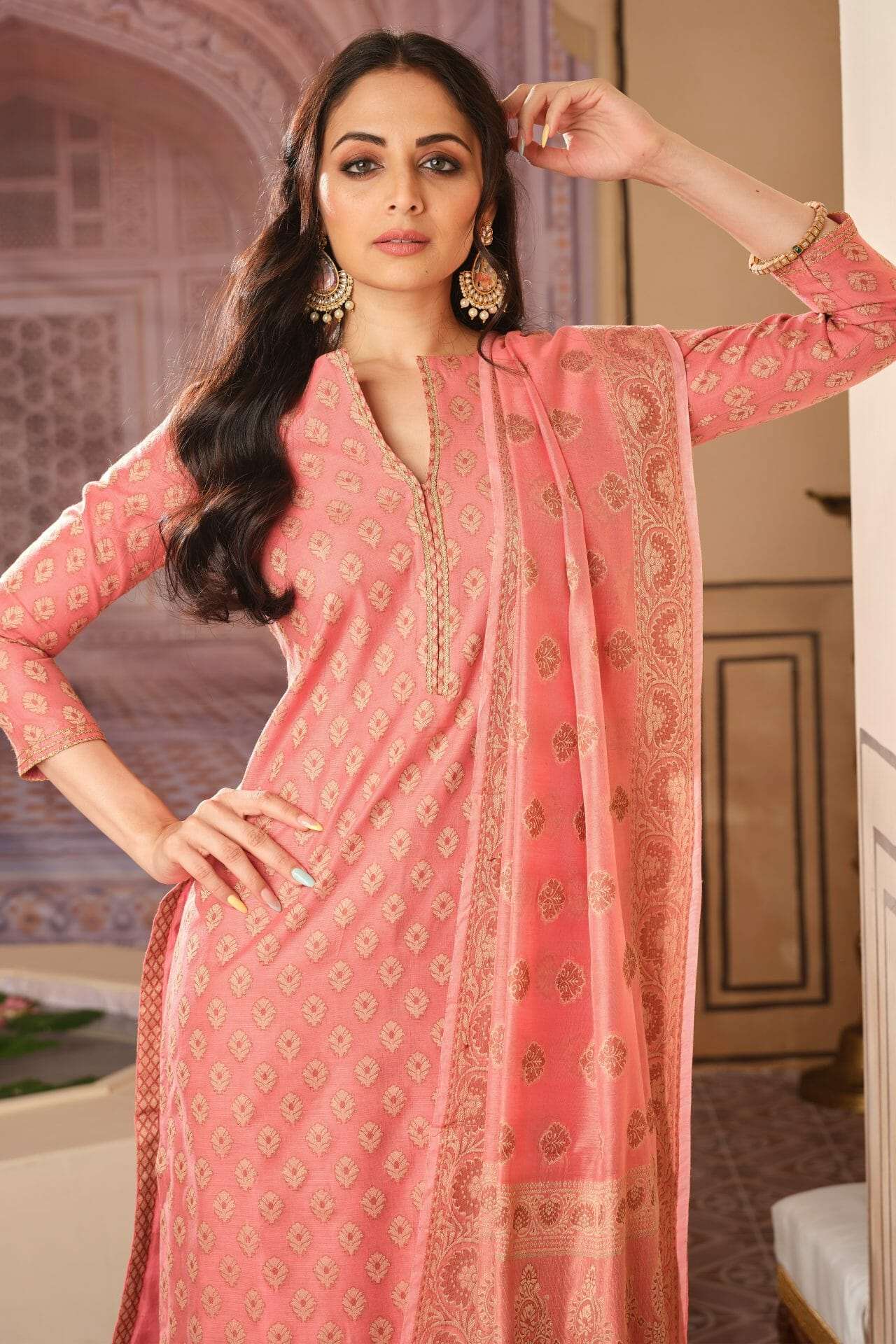 Candy Pink Banarasi Cotton Suit Material. - Image 3