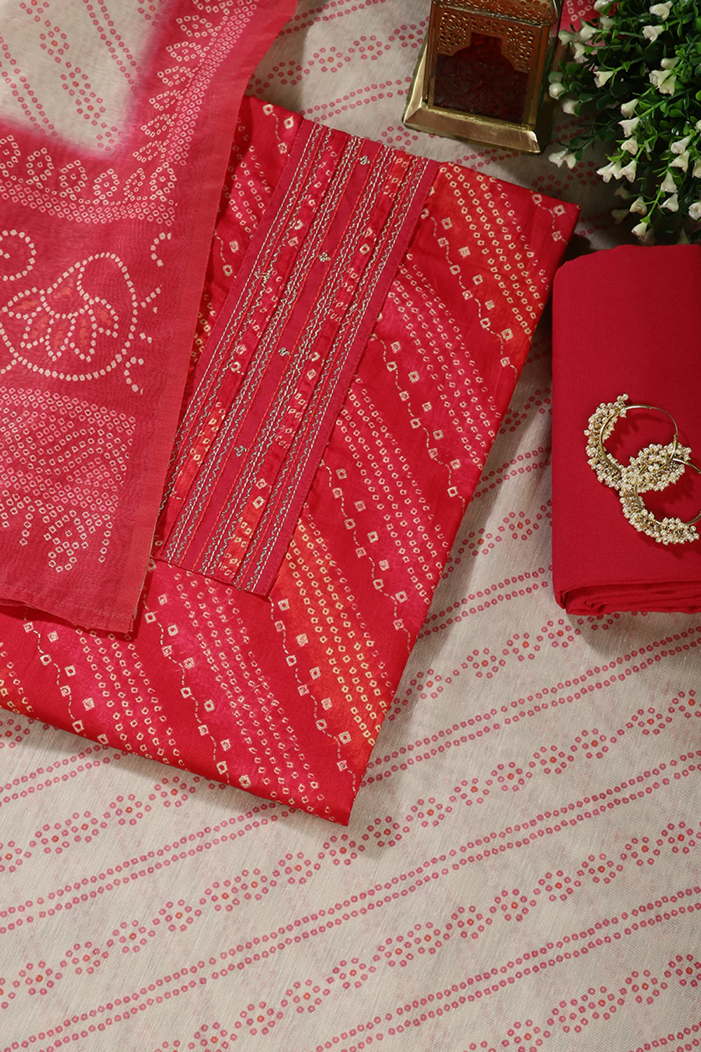 Cardinal Color Cotton Bandhani printed Unstitched Suit Fabric - Image 2